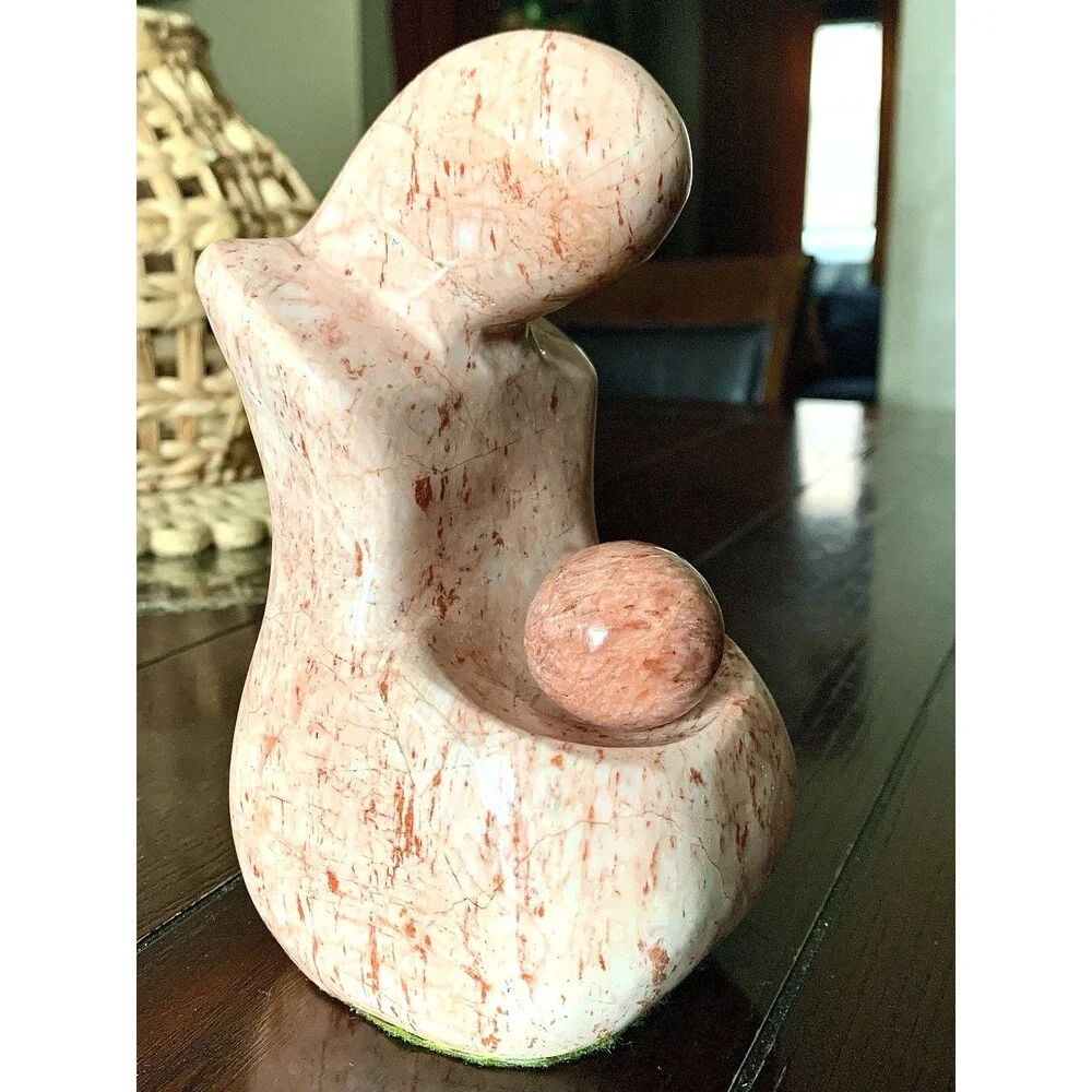 VINTAGE PINK MARBLE SCULPTURE- Abstract Mother & Child, Mid Century Modern 7